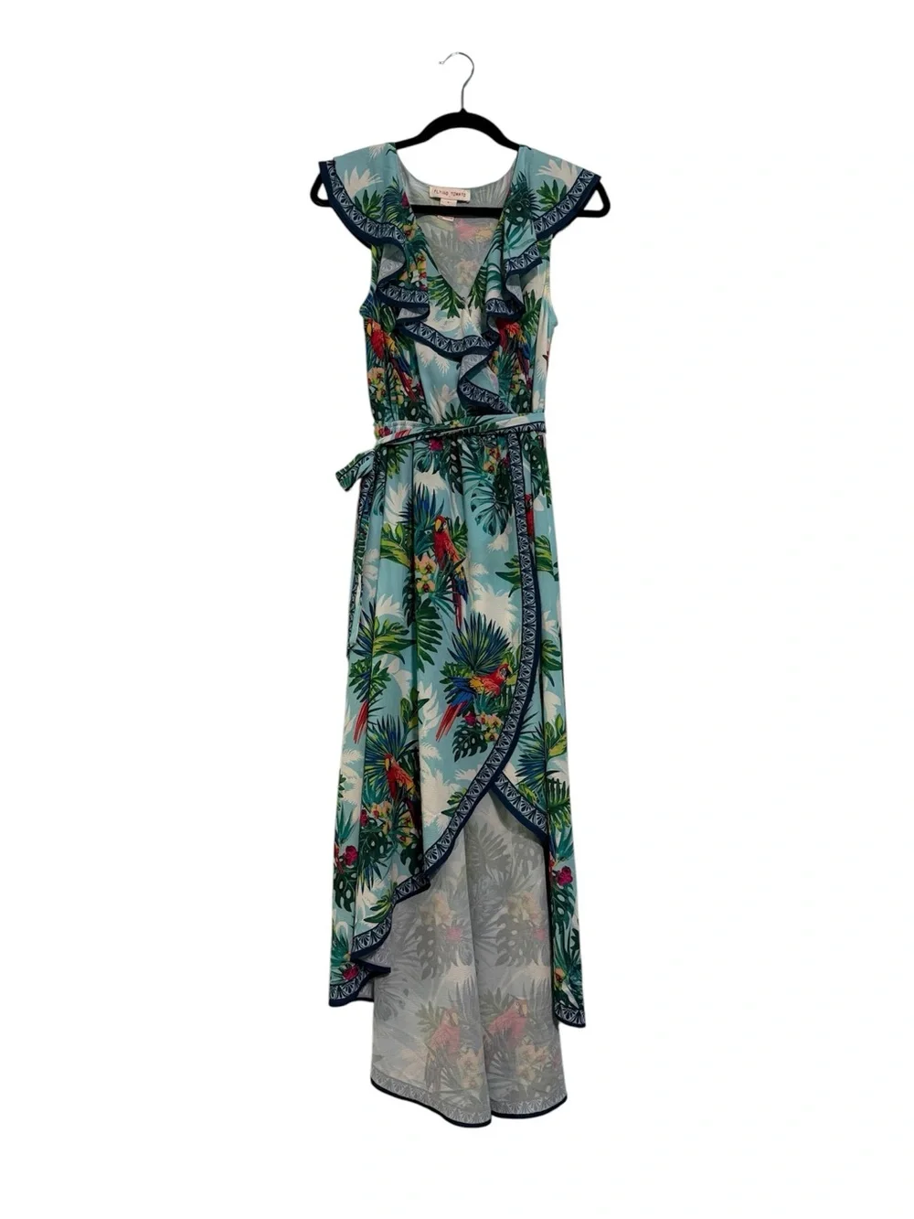 Flying Tomato Tropical Palm Print Ruffle Maxi Dress in Aqua Green